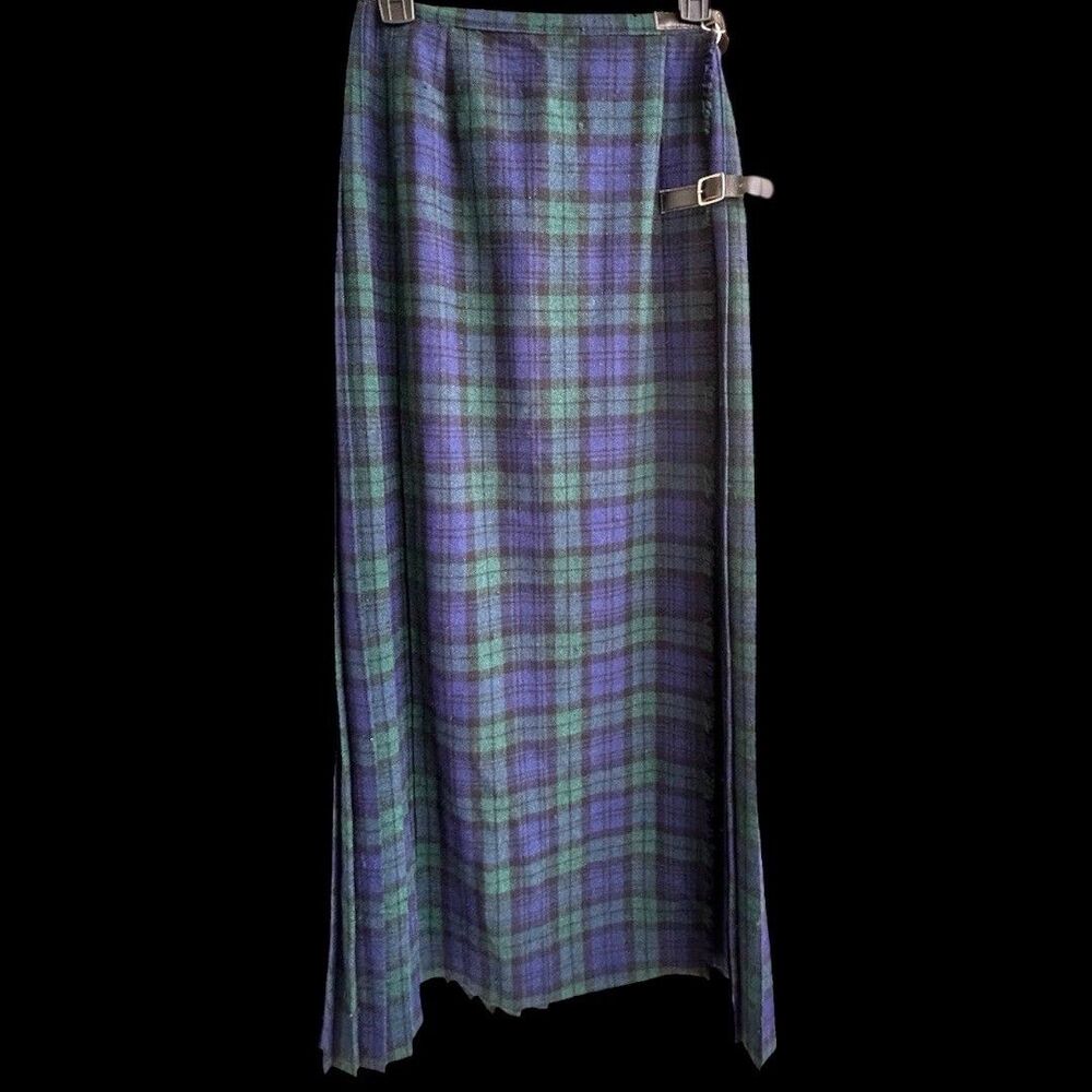 Vintage Wool Tartan Plaid Wrap Maxi Skirt Blue Green Pleated Heritage Old Money